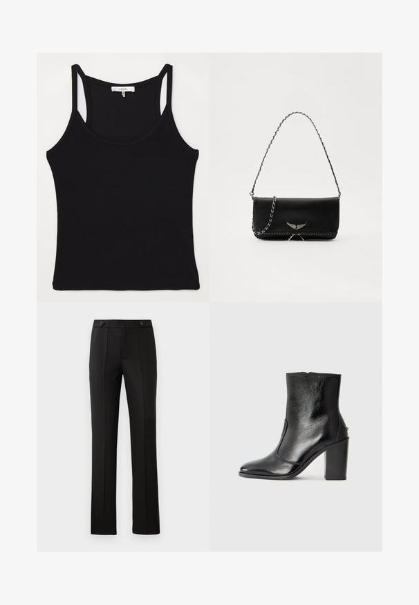 FRAME CUTAWAY TANK - Top - black; Black tailored trousers with a straight leg, two front pockets, a button closure, and pleat detailing on the front. Smooth fabric texture.; Black leather ankle boot with a smooth texture, pointed toe, and a chunky high heel. Features a side opening and minimalistic design.; Black leather handbag with a silver chain strap, featuring decorative wing accents and white stitching along the bottom seam.