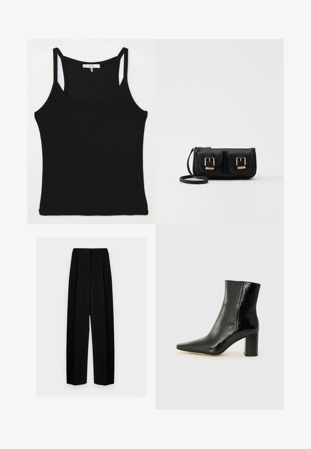 FRAME CUTAWAY TANK - Top - black; Sorte vide benbukser med høj talje, der har læg og en glat tekstur. Stoffet virker let og falder elegant.; Sorte ankelstøvler lavet af blank læder med spidse tæer og en kraftig, kvadratisk hæl. Har en glat overflade og minimalistisk design.; Sort læder crossbody taske med to frontlommer, guldspænder, lynlåslukning og en slank rem. Struktureret overflade og kompakt rektangulær form.