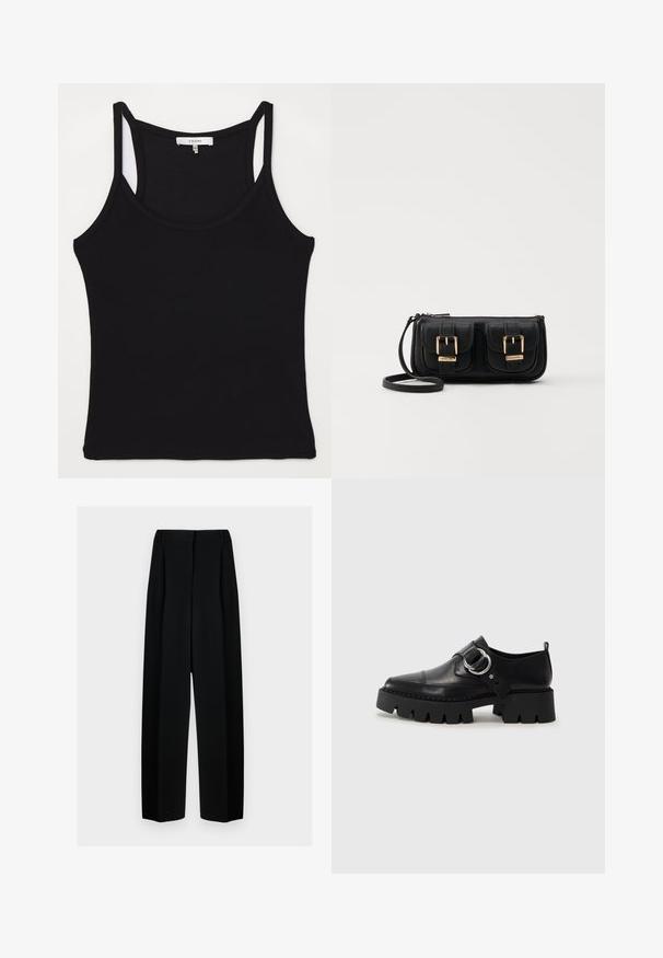 FRAME - Top; Czarne spodnie o szerokich nogawkach z wysokim stanem, z plisami i gładką teksturą. Materiał wydaje się lekki i elegancko się układa.; Czarne skórzane buty z masywną, żebrowaną podeszwą, z okrągłym akcentem ze srebrnego metalu i minimalnymi detalami szwów.; Czarna skórzana torba na ramię z dwoma przednimi kieszeniami, złotymi klamrami, zamkiem błyskawicznym i cienkim paskiem. Teksturowana powierzchnia i kompaktowy prostokątny kształt.