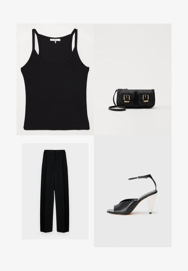 FRAME CUTAWAY TANK - Top - black; Pantalones de pierna ancha negros con cintura alta, que presentan pliegues y una textura suave. El tejido parece ligero y se drapea de forma elegante.; Sandalia de tacón alto de cuero negro con punta abierta, diseño asimétrico, tirante en el tobillo y tacón en forma de cono metálico. Textura suave en toda la superficie.; Bolso cruzado de cuero negro con dos bolsillos frontales, hebillas doradas, cierre de cremallera y una correa delgada. Superficie texturizada y forma rectangular compacta.