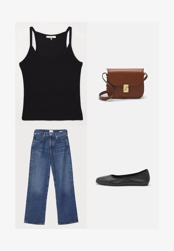 FRAME CUTAWAY TANK - Viršus - black; Citizens of Humanity ANNINA - Tiesaus kirpimo džinsai - westwood dark indigo; Juodai odiniai baletai su apvaliu pirštu, lygi texture, minimalus siuvimo detales ir lanksčiu padų dizainu.; Ruda odinė rankinė su uždaromu dangteliu, aukso spalvos detalėmis, petneša ir lygiu paviršiumi. Kompaktiška stačiakampio formos.