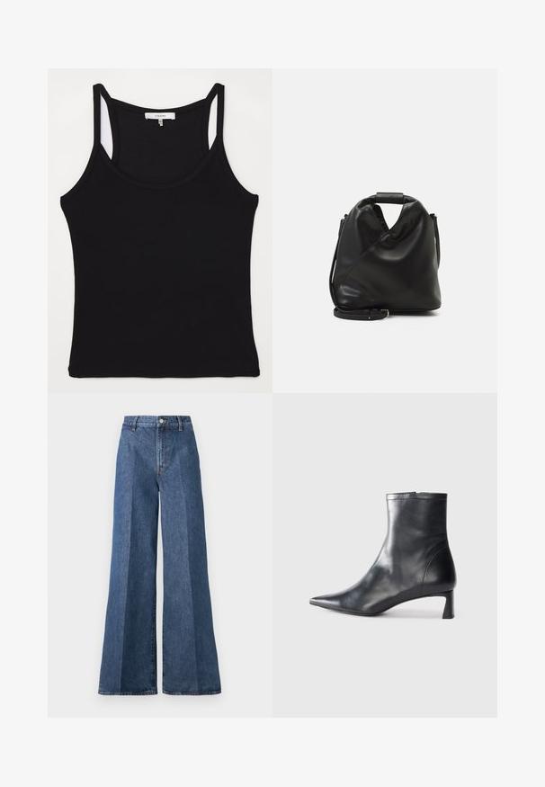 FRAME CUTAWAY TANK - Top - black; Wide-leg blue denim jeans with a high waist, featuring classic five-pocket styling and a button closure, made from textured cotton fabric.; Black leather ankle boot with a pointed toe and a sleek design. Features a low heel and a zipper closure at the back. Smooth texture.; Black, soft leather bag with a unique twisted design. Features a short handle and a detachable shoulder strap. Minimalist style.