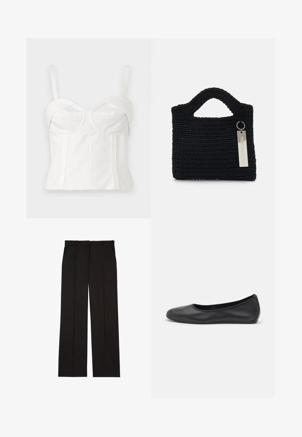 Hvid cropped bralette med justerbare stropper, blødt stof, struktureret krop, buet halsudskæring og sidesømme for definition.; Sorte skræddersyede bukser lavet af et glat stof, med et lige ben-design og to sidelommer. Elegant og minimalistisk konstruktion.; Sort læderballetsko med rund tå, glat tekstur, minimal syning og et fleksibelt såldesign.; Won Hundred MARSIELLE COMPUTER BAG UNISEX - Computertasker - black