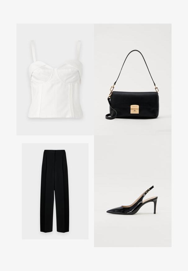 White cropped bralette with adjustable straps, soft fabric, structured bodice, curved neckline, and side seams for definition.; Black wide-leg trousers with a high waist, featuring pleats and a smooth texture. The fabric appears lightweight and drapes elegantly.; Black patent leather slingback pump with pointed toe, slim heel, and a subtle cutout design. Features a gold buckle on the strap.; Black leather handbag with a flat rectangular shape, gold hardware, and a top handle. Features a clasp closure and signature logo detail.