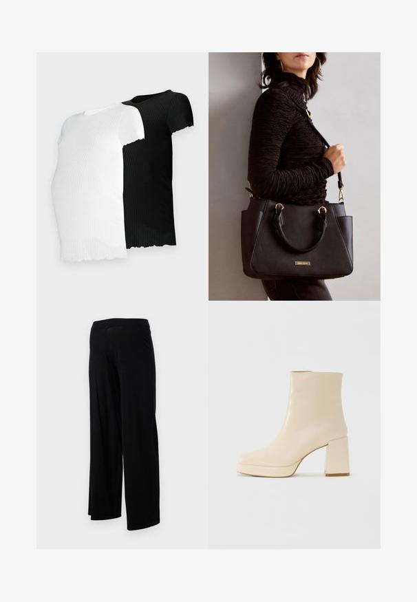 Două tricouri cu mânecă scurtă, din material elastic, unul alb și celălalt negru, având un tiv ondulat și un design ajustat.; Pantaloni negri cu croială largă, prevăzuți cu un bazin elastic și o textură netedă, elastică. Au un design simplu, fără modele sau ornamentații.; Cizmă de gleznă din piele bej, cu toc pătrat și talpă platformă, cu un finisaj neted și vârf ușor pătrat, orientată spre stânga pe fundal alb.; Geantă de umăr neagră cu suprafață texturată, cu două mânere superioare și curea de umăr ajustabilă. Dispune de accesorii metalice de culoare aurie și buzunare laterale.