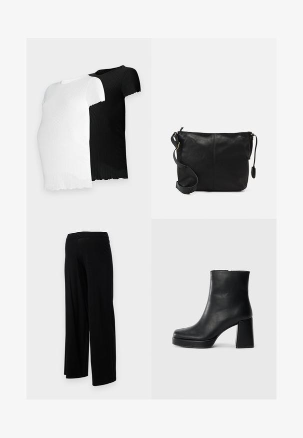 To korte ribbede t-shirts med korte ærmer, en i hvid og den anden i sort, der har en bølget kant og en tætsiddende pasform.; Sorte bredbenede bukser med en elastisk talje og en glat, strækbar tekstur. Har et enkelt design uden mønstre eller udsmykninger.; Sort læder ankelstøvle med blokhæl og platformssål, set fra siden på en ensfarvet hvid baggrund.; Sort læder crossbody taske med flad form, guld hardware detaljer og justerbar skulderrem. Glat tekstur med minimale syninger.