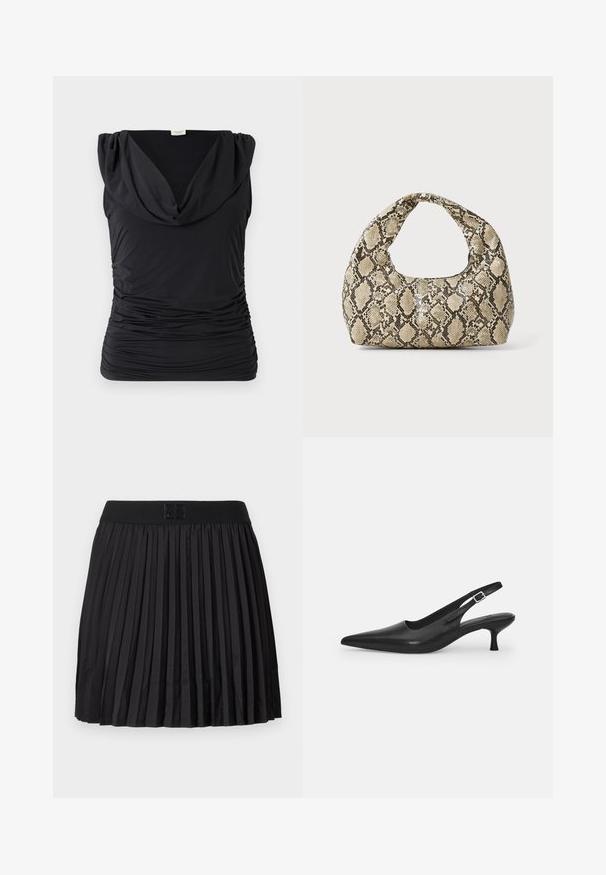 Melna bezpiedurkņu blūze ar drapētu kakla izgriezumu; elastīgs, sakļauts audums rada vertikālu tekstūru; gluda apdare ar pieguļošu siluetu.; Melna blūze ar garām caurspīdīgām piedurknēm, teksturētu lapu rakstu, apļa izgriezumu un mazu atslēgu caurumu aizmugurē.; Melna plātnēta svārku ar gludu tekstūru, ar vienkrāsainu melnu jostas daļu un reljefu logotipa detaļu priekšpusē.; Melnas ādas slīdošās kurpes ar norādītu pirkstu un šauru, izliekta papēdi. Ar diskrētu regulējamu siksniņu ar metāla sprādzi.; Čūsku raksta soma ar izliekto rokturi. Izgatavota no teksturētiem, bēšiem un brūniem materiāliem, ar izteiksmīgu dimanta rakstu.