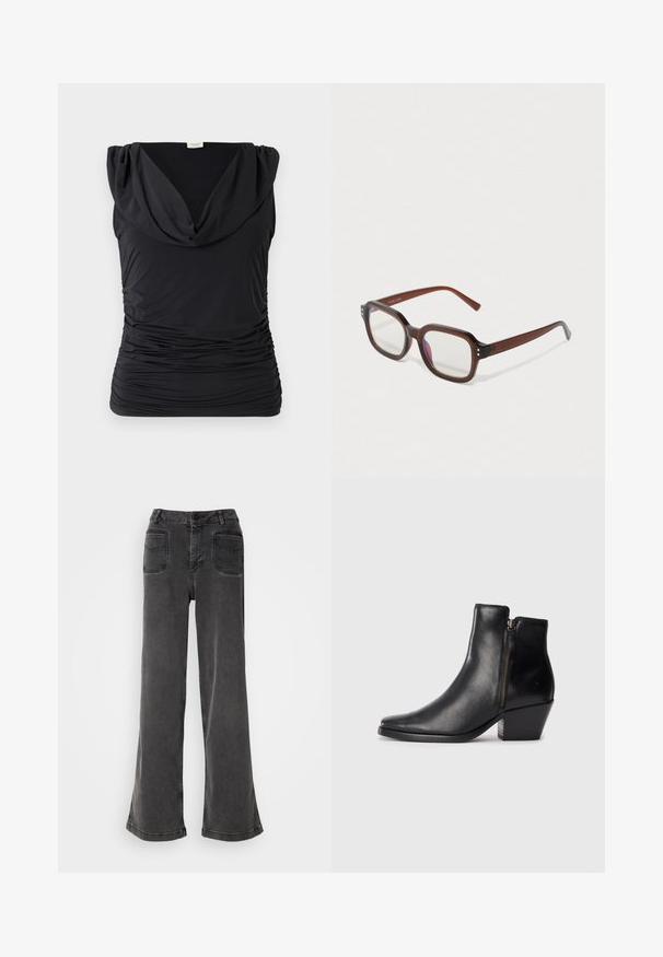 Fekete, ujjatlan felső, redőzött, cowl nyakkal; ruganyos, ráncolt anyag, amely függőleges textúrát teremt; sima felület, testhez simuló fazon.; Magas derekú, bő szárú fekete farmernadrág, gombos cipzárral, övbújtatókkal és két hátsó zsebbel, amelyeket varrott díszítések díszítenek.; Fekete bőr bokacsizma hegyes orral, oldalsó cipzárral és vastag sarokkal. Sima felület és minimalista dizájn.; Barna, áttetsző, téglalap alakú szemüveg, tiszta lencsékkel, enyhe lila tükröződéssel, és apró arany díszítő pöttyökkel az elülső sarkokban.; Ezüst karika fülbevalók sima, fényes felülettel. Kerek forma, enyhén ívelt dizájnnal és összemosott szélekkel. Rögzítő csattal.