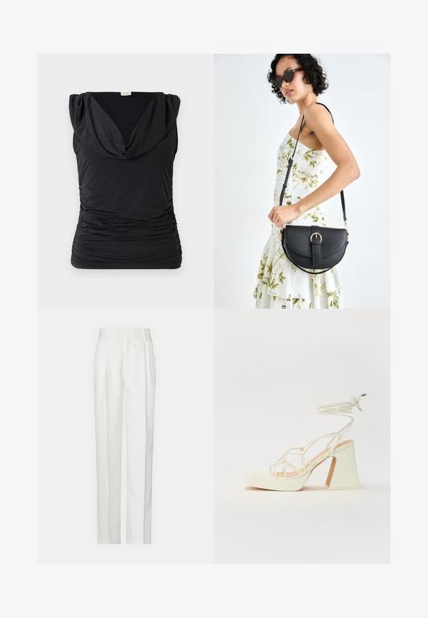 Čierny bezrukávový top s voľným cowl výstrihom; elastická, zhromaždená tkanina vytvára vertikálnu textúru; hladký povrch s priliehavým strihom.; Biele pruhované nohavice so strihať priamym strihom, vyrobené z ľahkého materiálu. Obsahujú preklady vpredu a klasický pás.; Biele sandále na vysokom opätku s hrubým podpätkom, s pruhovaným dizajnom a viazaním na členku. Hladký povrch s platformou vpredu pre zvýšenú výšku.; Čierna kožená kabelka s zaobleným tvarom, odnímateľným popruhom a zlatými doplnkami. Kabelka má klopu s detailom s prackou.