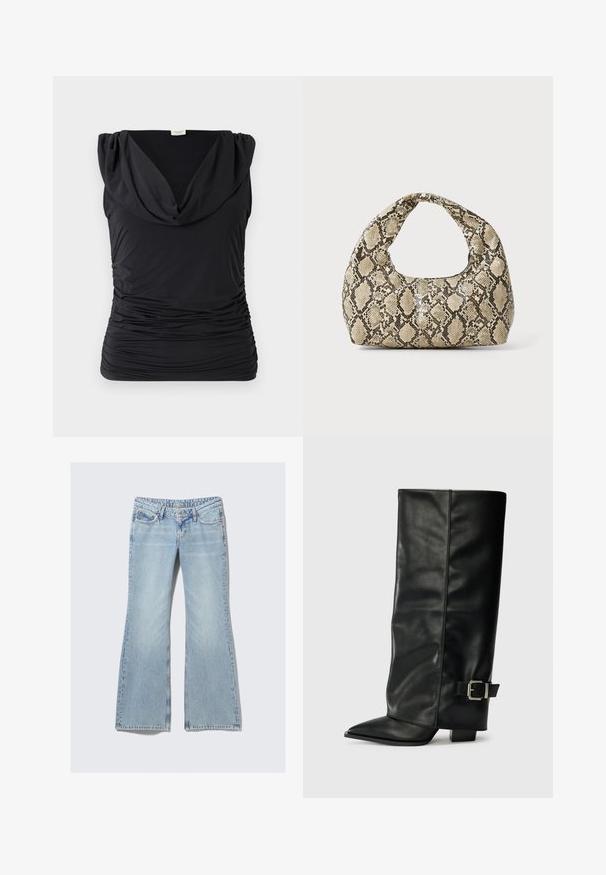 Top negro sin mangas con cuello drapeado; tejido elástico y fruncido que crea una textura vertical; acabado suave con una silueta ajustada.; Weekday NOVA - Vaqueros slim fit - lip blue; Botas de cuero negro hasta el tobillo con punta afilada, textura suave y un detalle de hebilla plateada en el lado. Tacón cuadrado grueso.; Bolso de mano con estampado de serpiente y asa curvada. Hecho de materiales texturizados en tonos beige y marrón, con un patrónen diamante distintivo.