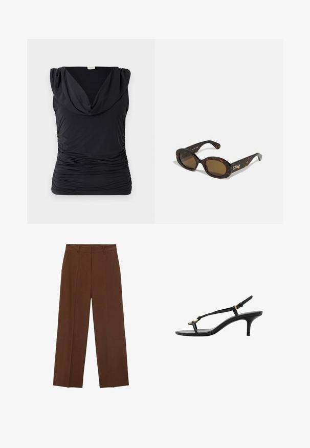 Čierny bezrukávový top s voľným cowl výstrihom; elastická, zhromaždená tkanina vytvára vertikálnu textúru; hladký povrch s priliehavým strihom.; Hnedé široké nohavice vyrobené z hladkej látky s vysokým pásom, s prednými vreckami a upraveným záhybom vpredu.; Čierne kožené sandále na malom podpätku s tenkými pásikmi, zlatou prackou a minimalistickým prstovým pásikom na bielom pozadí.; Korytnačkové slnečné okuliare s oválnymi rámami, hnedými tónovanými šošovkami a značkovaním "Chloé" na rámiku. Hladký plastový materiál s lesklým povrchom.; Tkaná hnedá kožená kabelka zaobleného tvaru, s dvojitými hornými uchami a hladkým povrchom; obsahuje jemné prešívanie pre dizajnový detail.; Priehľadné a jantárové prstene z živice, jeden je hladký a priesvitný, druhý má textúrovaný jantárový povrch. Obe sú zaoblené a robustné.