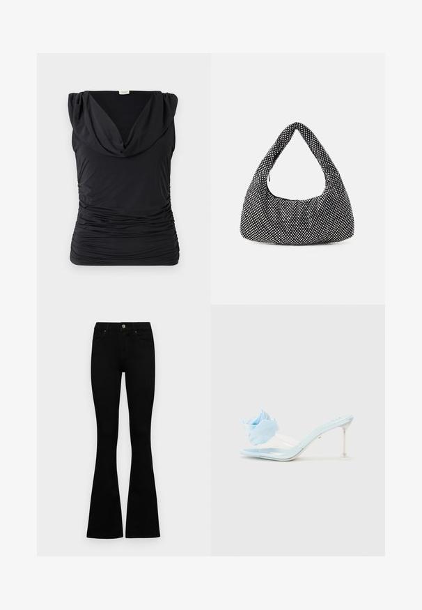 Schwarzes ärmelloses Top mit drapierter Schalkragen; dehnbarem, gerafftem Stoff, der eine vertikale Textur erzeugt; glatte Oberfläche mit enganliegender Silhouette.; Schwarze hochtaillierte Jeans mit einem Knopf- und Reißverschluss, Fronttaschen und ausgestellten Beinen, flach auf einem weißen Hintergrund ausgelegt.; Blauer patentierter Leder-Sandale mit transparenter Riemen, ausgestattet mit einem weichen blauen Stoffblumen-Akzent und einem klaren Absatz.; Schwarze Tasche mit einer geschwungenen Hobo-Form, strukturiertem Stoff und silbernen Nieten. Einzelner Tragegriff, Reißverschluss und weiche Silhouette.