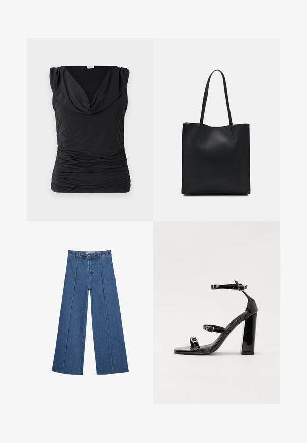 Crna majica bez rukava s drapiranim izrezom; rastezljivi, nabran materijal stvara vertikalnu teksturu; glatka završna obrada s prilagođenim siluetom.; Široke traperice u srednje plavoj boji, s visokim strukom, zatvaranjem na dugme i kontrastnim vertikalnim šavovima duž prednje strane.; Crne lakirane sandale na pete sa kvadratnim nosom, trakama oko gležnja i srebrnim kopčama. Imaju čvrst blok petu za stabilnost.; Crna kožna torba za nošenje s glatkom teksturom, pravokutnim oblikom i dvije duge ručke. Nema vidljivih metalnih dijelova ili ukrasa.