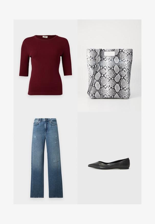 Maglietta bordeaux a coste con maniche corte, scollo rotondo e design aderente. Texture liscia con sottili dettagli di cucitura nelle cuciture.; Jeans in denim blu con design a vestibilità dritta, dettagli usurati e orlo pulito. Il tessuto presenta un aspetto sfumato leggermente sbiadito.; Ballerine in pelle nera con punta affusolata, tacco basso e texture liscia. Design minimale con un sottile dettaglio laterale.; Borsa tote in stampa serpente bianco e nero con manico rettangolare, texture liscia e forma strutturata. Inclusa tracolla regolabile.