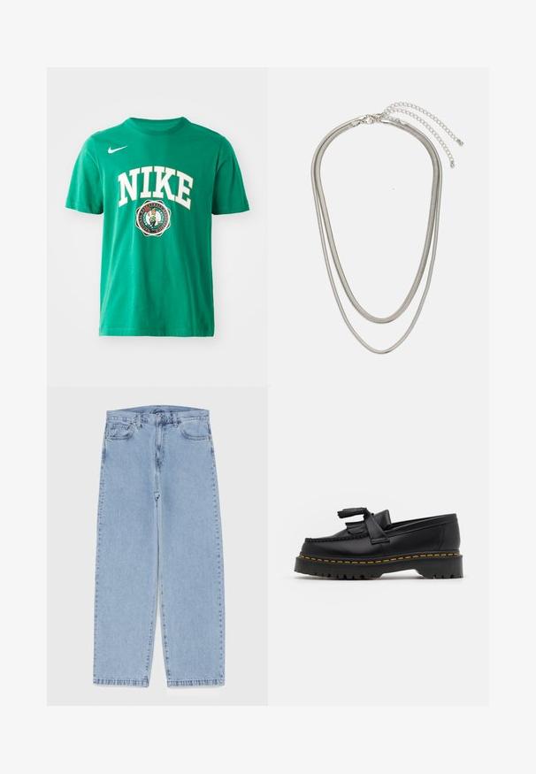 Žalios medvilnės marškiniai su dideliu baltu "NIKE" logotipu ir Boston Celtics grafika. Apvalus kaklas, trumpomis rankovėmis, standartinio silueto, lygus paviršius.; Šviesiai mėlyni džinsai su tiesiomis kojomis, turintys vidutinio aukščio juosmenį, penkias kišenes ir mygtuko bei užtrauktuko uždarymą.; Juodas odinis loaferis su kutais, turintis masyvų juodą pado ir geltonus siūlus palei kraštą. Textūruota danga.; Trijų sluoksnių sidabrinė metalinė apyrankė, kuri pasižymi stilingomis, lankstosiomis grandinėlėmis su švelniu blizgesiu, užsegama krabų užsegimu ir reguliuojama grandinė.
