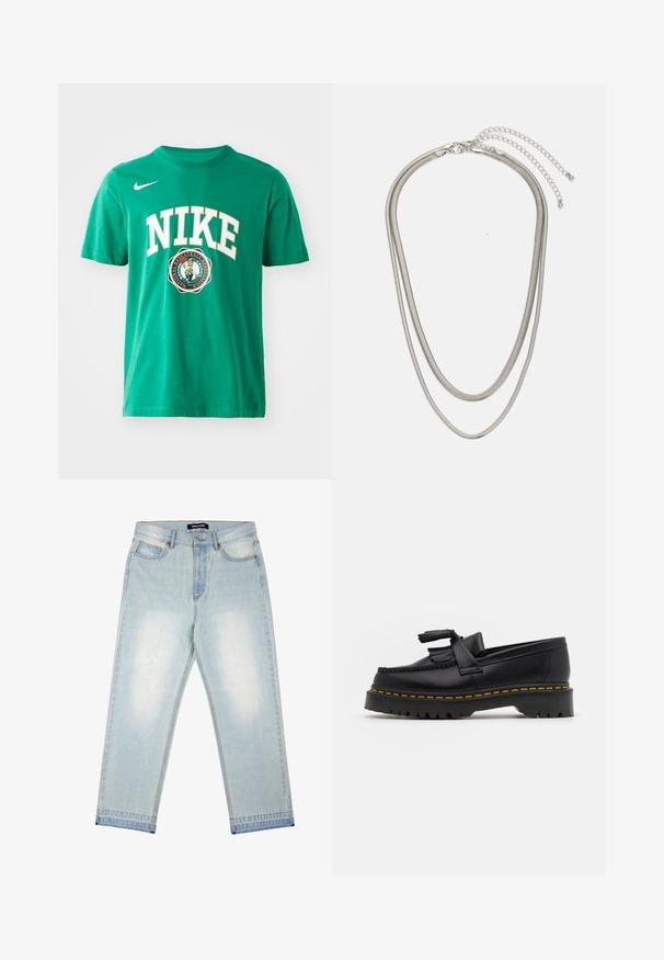 Žalios medvilnės marškiniai su dideliu baltu "NIKE" logotipu ir Boston Celtics grafika. Apvalus kaklas, trumpomis rankovėmis, standartinio silueto, lygus paviršius.; Pegador BARROW - Laisvi džinsai - sand washed blue; Juodas odinis loaferis su kutais, turintis masyvų juodą pado ir geltonus siūlus palei kraštą. Textūruota danga.; Trijų sluoksnių sidabrinė metalinė apyrankė, kuri pasižymi stilingomis, lankstosiomis grandinėlėmis su švelniu blizgesiu, užsegama krabų užsegimu ir reguliuojama grandinė.