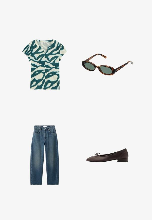Short-sleeve T-shirt in soft fabric, featuring a teal and cream abstract animal print, with a V-neck and slight gathering at the sleeves.; Dark blue denim jeans with a straight leg, five-pocket design, and a classic button closure. Soft texture with subtle fading.; Brown leather ballet flat with a rounded toe and small block heel. Features a thin bow at the front and subtle stitching details.; Tortoiseshell sunglasses with oval frames and green lenses. Features thin arms with a metallic accent near the hinges.; Woven brown handbag with a rounded silhouette, featuring a top handle and textured surface. Compact design with a flat base for stability.
