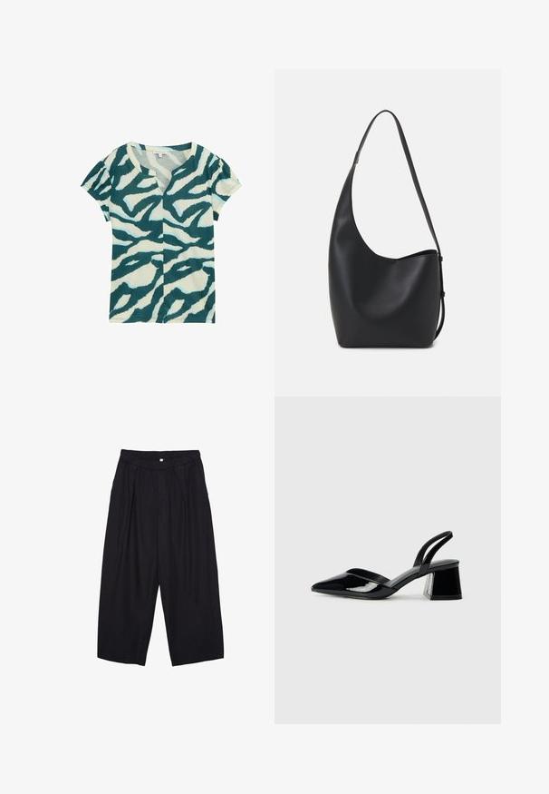 T-shirt à manches courtes en tissu doux, doté d'un imprimé animal abstrait en bleu canard et crème, avec un col en V et un léger froncé aux manches.; Pantalon culotte noir en polyester avec une taille élastique, deux plis avant et une silhouette ample. Pas de motifs visibles ni de détails matériels.; Escarpins en cuir verni noir avec bout pointu et talon bloc géométrique. Présente un design élégant et minimaliste ainsi qu'une texture lisse.; Sac hobo en cuir noir avec une texture lisse, une forme incurvée et une seule sangle réglable ; dispose d'une large ouverture en haut.