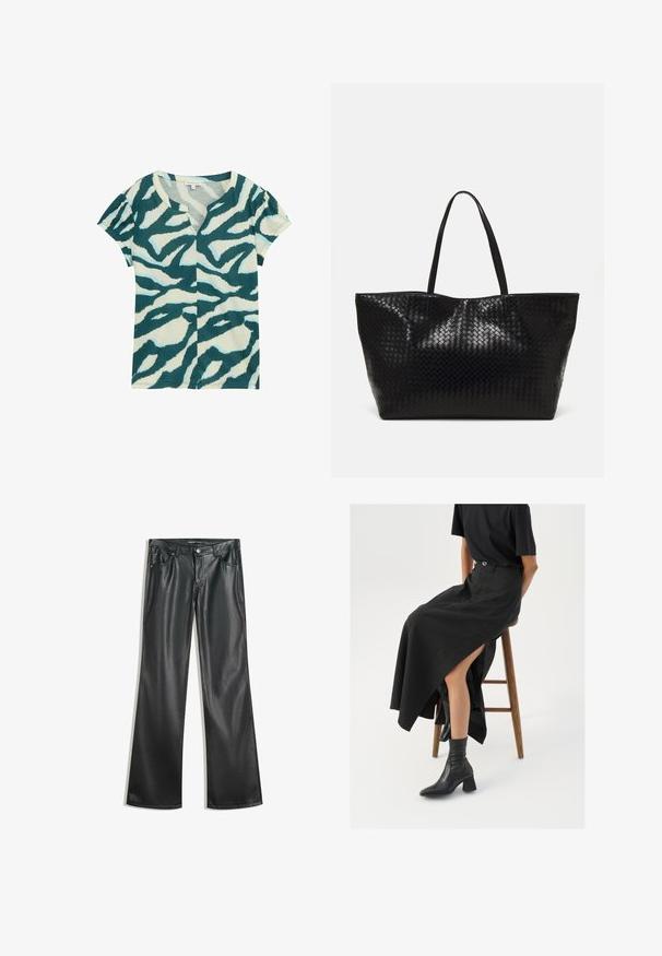 T-shirt à manches courtes en tissu doux, doté d'un imprimé animal abstrait en bleu canard et crème, avec un col en V et un léger froncé aux manches.; Pantalons évasés en simili cuir noir avec une texture lisse, design à cinq poches, fermeture éclair à l'avant et couture contrastante.; Jupe maxi en lin noir avec une fente haute, portée avec un t-shirt noir et des bottes de cheville noires. Design minimaliste avec une coupe décontractée.; Sac fourre-tout tissé noir avec deux poignées robustes, présentant une texture brillante et un design à ouverture spacieuse.