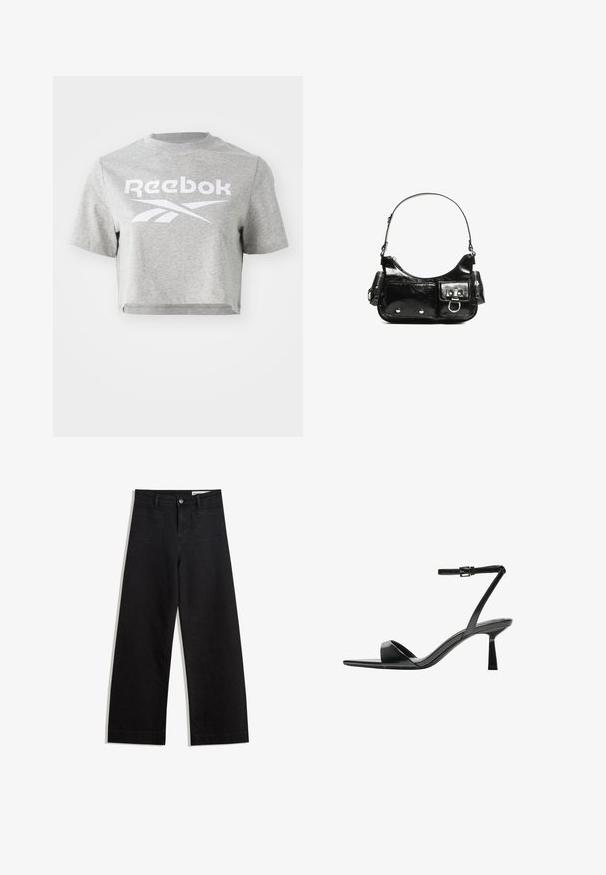 Šedé zkrácené tričko vyrobené z bavlny, s kulatým výstřihem a krátkými rukávy, na přední straně s bílým potiskem textu a loga "Reebok".; Černé denimové kalhoty s volným střihem a vysokým pasem, vybavené předními a zadními kapsami, prošívanými švy a knoflíkovým zapínáním. Hladká textura.; Bershka Sandály na vysokém podpatku - black; Černá lakovaná kožená kabelka s křivkovým tvarem, jedním ramenním popruhem, předními kapsami a stříbrnými kovovými detaily.
