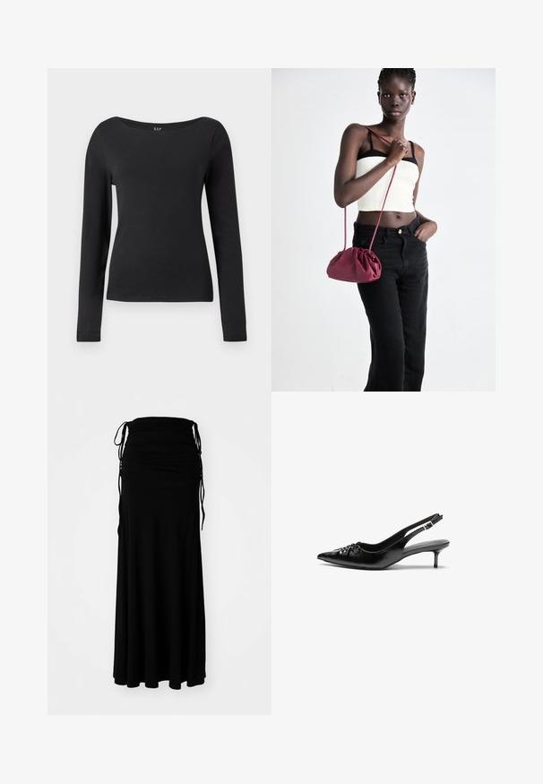 Black long-sleeve fitted shirt with a wide round neckline, displayed against a plain white background.; Black, ankle-length dress made of soft, stretchy fabric with a ruched bodice and adjustable ties on the sides, creating a flowing silhouette.; Black leather slingback heels with a pointed toe, small kitten heel, and a decorative knot detail on the front. Smooth texture throughout.; Burgundy soft fabric handbag with a gathered design and a long strap, worn crossbody. Model wears a white crop top and black jeans.