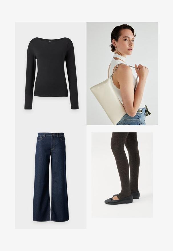 Črna dolgoračna prilegajoča majica z širokim krožnim izrezom, prikazana na enostavni beli podlagi.; Široke hlače iz temnega modrega denima. Imajo kontrastno šivanje, pet žepov in gumbasto zapiranje v pasu. Gladka tekstura.; Črne ravne čevlje z majhnim lokom na prstih, v kombinaciji s temno rjavimi rebrastimi nogavicami. Čevlji imajo gladko teksturo in nizko obliko.; Bela pravokotna torbica za ključe iz sijajnega materiala, opremljena s srebrno verižico. Model pozira in prikazuje torbico na enobarvni podlagi.