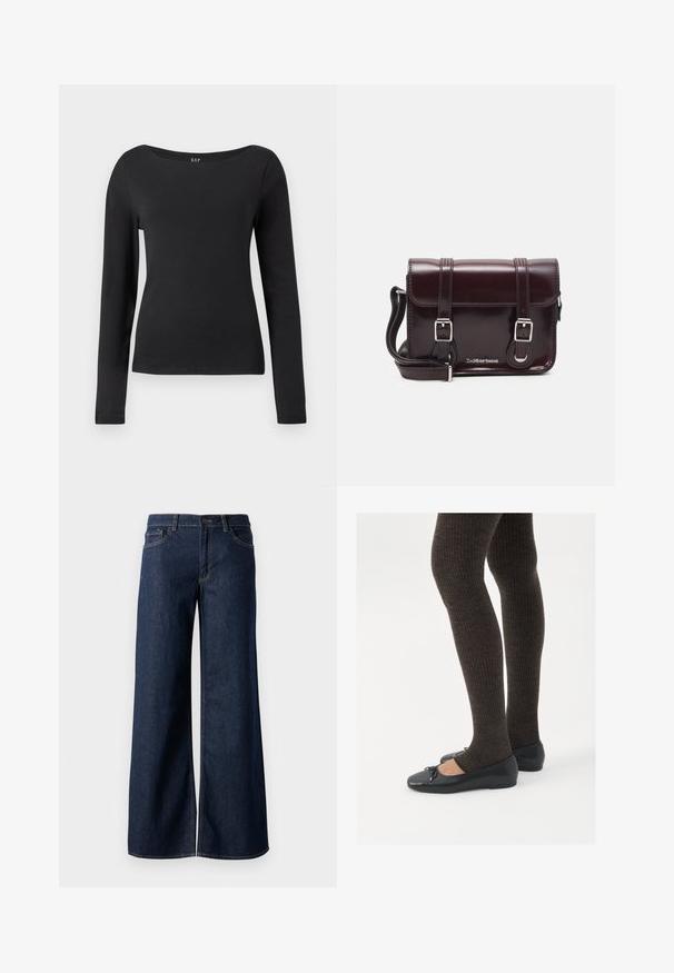 Juoda ilgomis rankovėmis prigludusi marškinėliai su plačiu apvaliu kaklu, demonstruojami prieš paprastą baltą foną.; Plati kojinės džinsai tamsiai mėlynos džinsinės medžiagos. Yra kontrastingas siuvimo ornamentas, penkios kišenės ir užsegimas mygtuku juosmenyje. Lygus paviršius.; Juodos plokščios bateliai su maža kaspinėlio detale prie pirštų, derinami su tamsiai rudos spalvos raukšlėtomis pėdkelnėmis. Bateliai turi lygų paviršių ir žemą profilį.; Bordo lakinės odos krepšys per petį, stačiakampio formos, su dviem diržais, sidabrinėmis detalėmis ir užtraukiama kiautu.