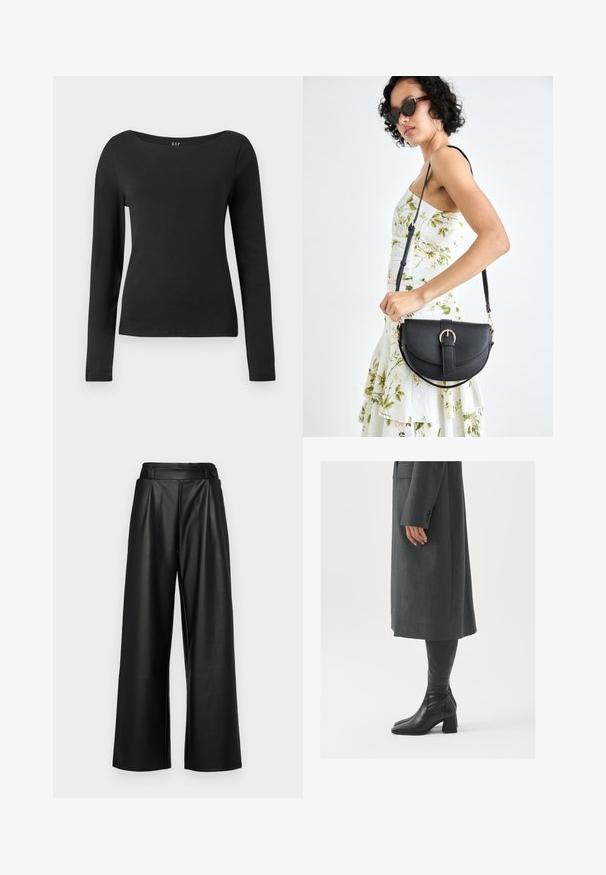 Juoda ilgomis rankovėmis prigludusi marškinėliai su plačiu apvaliu kaklu, demonstruojami prieš paprastą baltą foną.; Juodi, platūs odiniai kelnių modeliai, turintys aukštą liemenį, klostes ir dvi apvalias mygtukus priekyje užsegimui.; Pilkas pritaikytas paltas su tiesiu kirpimu; derinamas su juodais odiniais batais iki kelių, turinčiais kvadratinį pirštą ir storą kulną.; Juodas odinis krepšys su išlenkta forma, nuimamu dirželiu ir auksiniais detalėmis. Krepšys turi kilpą su sagtimi.