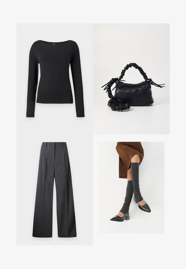 Fekete, hosszú ujjú, testhez simuló póló széles, kerek nyakkivágással, egy sima fehér háttér előtt.; Széles szárú nadrág sötétszürke anyagból, magas derekú, egyes redőkkel, sima textúrával és tiszta befejezéssel a szegélyeken.; Fekete lakk bőrből készült, hegyes orrú cipők, tömbsarkúakkal és bokapánttal, szürke bordás lábszármelegítőkkel és barna velúr szoknyával párosítva.; Fekete műbőr kézi táska krokodil bőr textúrával, összehúzható tetejű és gyűrt pánttal. Lágy és kompakt dizájnúnak tűnik.