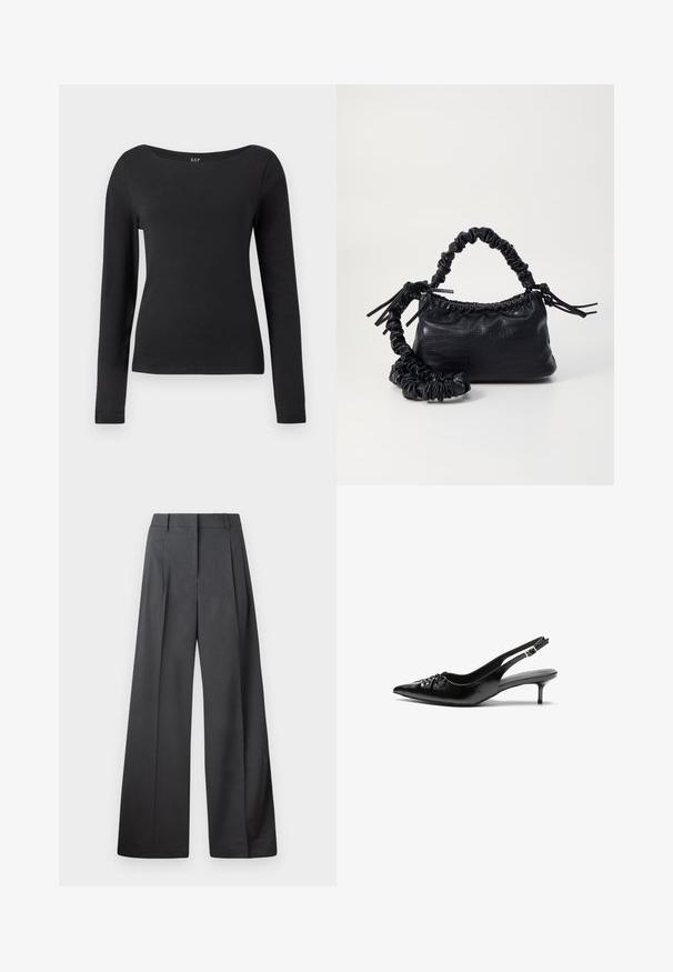 Cămașă neagră cu mâneci lungi, ajustată, cu decolteu rotund larg, expusă pe un fundal alb simplu.; Pantaloni culți din țesătură gri închis, cu talie înaltă, pliuri simple și o textură netedă, cu o finisare curată la tivuri.; Cizme slingback din piele neagră, cu vârf ascuțit, toc mic de tip kitten heel și un detaliu decorativ sub formă de nod în față. Textură netedă pe întreaga suprafață.; Geantă din faux leather neagră cu textură de crocodil, cu partea superioară strânsă și o curea mototolită. Pare moale și compactă ca design.