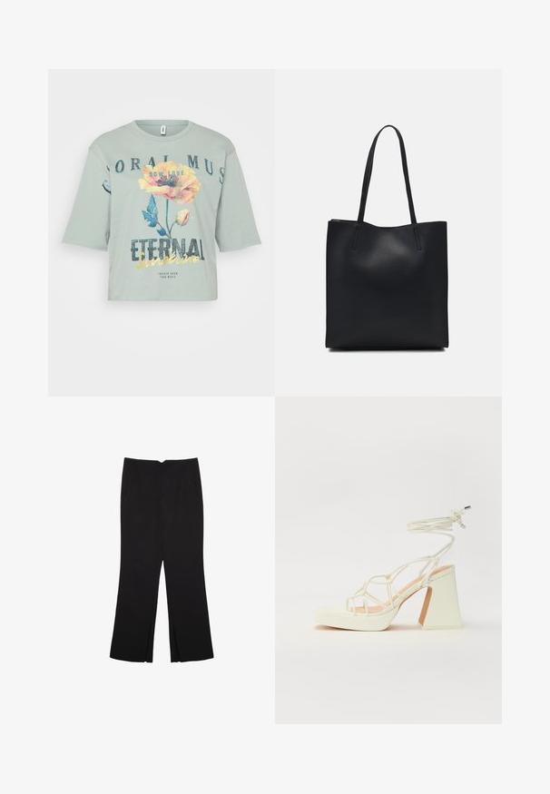 Svetlo zelené skrátené tričko vyrobené z mäkkého bavlneného materiálu, s kvetinovou grafikou a textom "Eternal Sunshine" v tučnom, trblietavom písme.; Čierne nohavice so strihom rovného strihu, s prednými vreckami a bočnými rozparkami na leme. Vyrobené z mäkkej, hladkej tkaniny. Vhodné na rôzne príležitosti.; Biele sandále na vysokom opätku s hrubým podpätkom, s pruhovaným dizajnom a viazaním na členku. Hladký povrch s platformou vpredu pre zvýšenú výšku.; Čierna kožená taška na rameno s hladkým povrchom, obdĺžnikovým tvarom a dvoma dlhými uchami. Bez viditeľného kovania alebo ozdôb.