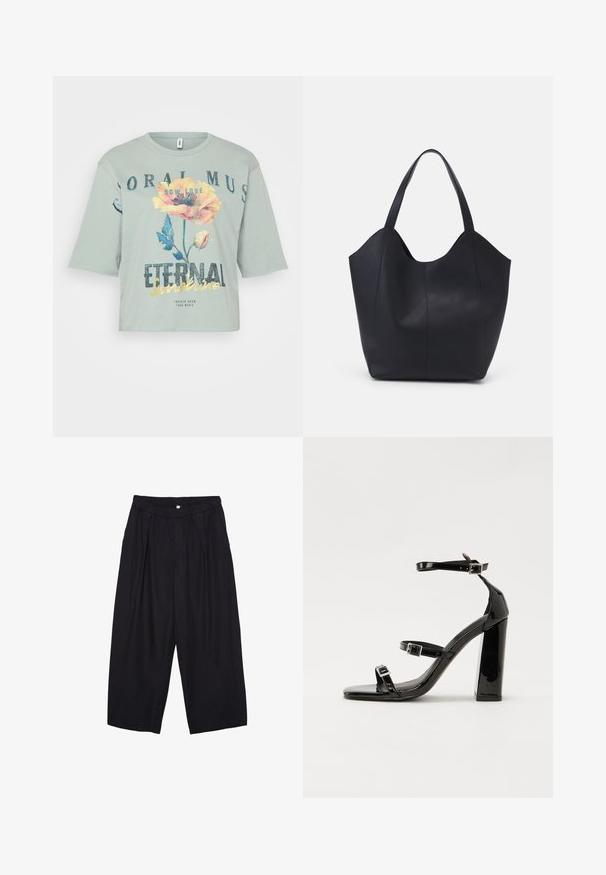 Světl zelené zkrácené tričko vyrobené z měkké bavlny, s květinovým motivem a textem "Věčné sluneční svit" v tučném, třpytivém písmu.; Černé polyesterové culotte kalhoty s elastickým pasem, dvěma předními sklady a volným siluetou. Žádné viditelné vzory ani kovové detaily.; Černé lakované sandály na podpatku se čtveratou špičkou, lýtkovými pásky a stříbrnými přezkami. Disponují masivním blokovým podpatkem pro stabilitu.; Černá taška přes rameno vyrobená z hladké kůže, s zakřiveným, otevřeným vrchem a dvěma ramenními popruhy, s minimalistickým designem.