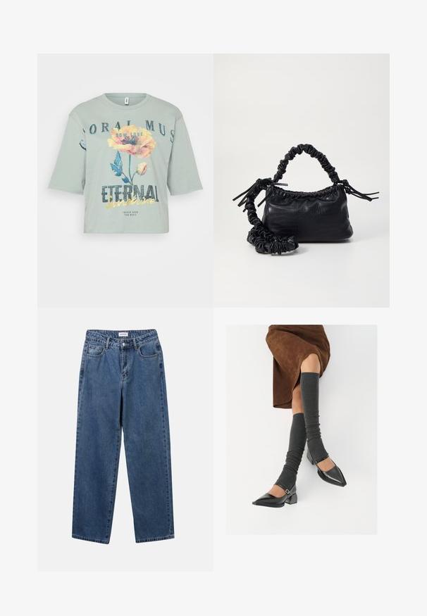 Kerge roheline lühikeste varrukatega t-särk, mis on valmistatud pehmest puuvillast, ning millel on lilleline graafika koos tekstiga "Igavene Päikesepaiste" julgete, säravate tähtedega.; Klassikalised sinised denimists teksad otsejalaga disainiga, viie taskuga ja nööbisuletusega. Omab keskmist pesu ja tugevat tekstuuri.; Mustad patsaline odav värviga kingad, millel on kreen ja pahkluuring, on paaritatud hallide ribakudumitega sääremiidega ja pruunist nahast seelikuga.; Must must sünteetilisest nahast käekott, millel on krokodillimuster, kokku tõmmatav ülaosa ja kortsus rihm. Tundub pehme ja kompaktne disain.