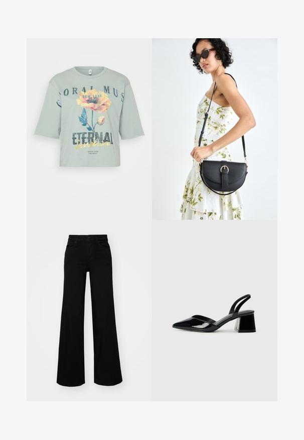 Vaaleanvihreä lyhyt t-paita, joka on valmistettu pehmeästä puuvillasta. Siinä on kukkakuva ja teksti "Ikuinen auringonpaiste" paksulla, kimaltelevalla fontilla.; Musta leveälahkeinen farkkupanta, jossa on rakenteellinen vyötärö, vyölenkit ja etutaskut. Sujuva rakenne klassisella muotoilulla.; Mustat patentoitu nahkakengät, joissa on säären takaosa ja terävä kärki, sekä geometrinen palikkakorko. Sisältää tyylikkään, minimalistisen muotoilun ja sileän pinnan.; Musta nahkainen käsilaukku, joka on kaareva muotoilultaan, irrotettavalla hihnalla ja kultaisilla yksityiskohdilla. Laukussa on läppä, jossa on solk yksityiskohta.; Kultaketjuveljet, joissa on sileä ja pyöristetty muotoilu. Varustettu pienellä saranalukolla, kevyen näköinen ja kiiltävä pinta.