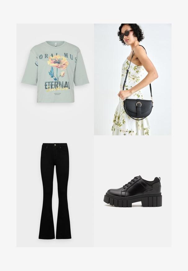 Gaiši zaļa īsā krekla ar neitrālu dizainu, kas izgatavots no mīksta kokvilnas auduma, ar ziedu grafiku un uzrakstu "Mūžīgā saule" treknās, spīdošās burtiem.; Melni augsta jostas šorti ar pogu un rāvējslēdzēju, priekšējām kabatām un izplestām kājām, nolikti uz balta fona.; Melnas ādas platformas kurpes ar masīvu bloku papēdi, apaļu purngalu un tradicionālu saistīšanas dizainu. Izceļas ar gludu tekstūru un minimālu apdari.; Melnas ādas rokassoma ar izliekta formu, noņemamu siksnu un zelta aksesuāriem. Somai ir vāciņš ar sprādzes detaļu.