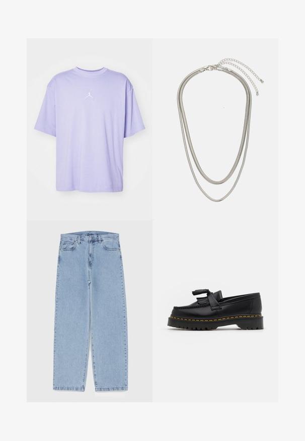 Krátky rukáv, levanduľové tričko vyrobené z mäkkej bavlny. Na hrudi má biele vyšívané logo Jordan a klasický okrúhly výstrih.; Svetlomodré denimové džínsy s rovnými nohavicami, s polovysokým pásom, piatimi vreckami a zapínaním na gombík a zips.; Čierne kožené loafre s detailom na strapcoch, s masívnou čiernou podrážkou a žltým prešitím pozdĺž okraja. S textúrovaným povrchom.; Trojvrstvový náhrdelník zo strieborného kovu s elegantnými, flexibilnými reťazami s jemným leskom, zabezpečený sponou typu langusta a nastaviteľným reťazcom.