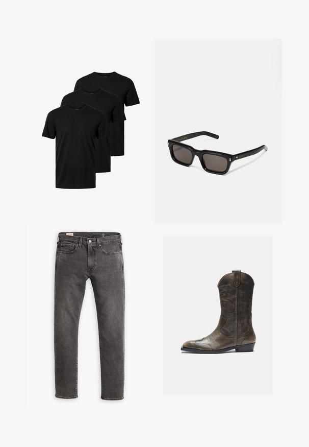 Tři černé bavlněné trička s krátkými rukávy a kulatým výstřihem, s hladkou texturou a jednoduchým designem, umístěná ve stohovaném uspořádání.; Šedé džíny z denimu se rovnými nohavicemi, designem s pěti kapsami a knoflíkovým zapínáním. Obsahují jemné vyblednutí a tonální prošívání po celém povrchu.; Hnědé kožené kovbojské boty s vysokým sálem, špičatou špičkou, složitými vyšívanými vzory a malým podpatkem. Texturovaný povrch po celé délce.; Černé obdélníkové sluneční brýle s tmavými skly, silným plastovým rámem, zlatými akcenty na spáncích a vyrytým logem značky na nožičce.