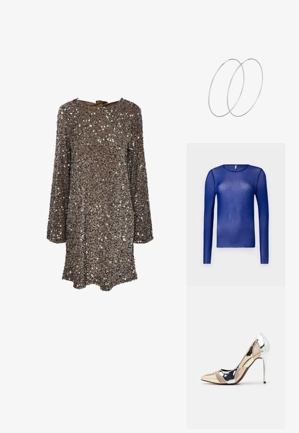 Langärmlige, durchsichtige blaue Bluse, verziert mit kleinen blauen Edelsteinen, mit einem runden Ausschnitt und einem glatten, leicht strukturierten Stoff.; Langärmliges Kleid aus braunem Stoff, der mit silbernen Pailletten besetzt ist, mit einem runden Ausschnitt und einer Schleifenapplikation am Rücken. Reflektierende und strukturierte Oberfläche.; Spitz zulaufender High-Heel-Schuh in einer Farbgestaltung aus Silber, Gold und Nude. Glänzende Oberfläche mit Ausschnittdesign und stiletto Absatz.; Silberne metallic Pouch-Tasche mit einer sanften, abgerundeten Form und einem geknoteten Verschluss oben. Hergestellt aus glattem Kunstleder.; Silberne Creolen mit minimalistischem Design. Rundform, glatte Oberfläche und dünnes Profil. Leichtgewichtig mit hochglänzender Oberfläche.