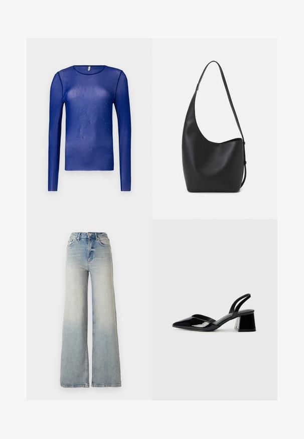 Pikad varrukad sinine läbipaistev topp, kaunistatud väikeste siniste kalliskividega, ümara kaelusega ja sileda, kerge tekstuuriga kangaga.; Heledad sinine laia säärega teksapüksid, mis on valmistatud denimist, kõrge vöökoht, viis taskut ja nähtav õmblemine õmbluste ääres.; Mustad musta lakknahk kingad, millel on terav varvas ja geomeetriline plokkkonts. Omab elegantselt minimalistlikku disaini ja sujuvat tekstuuri.; Mustast nahast hobo kott, millel on sile tekstuur, kumer kuju ja üks reguleeritav rihm; peal on lai avaus.