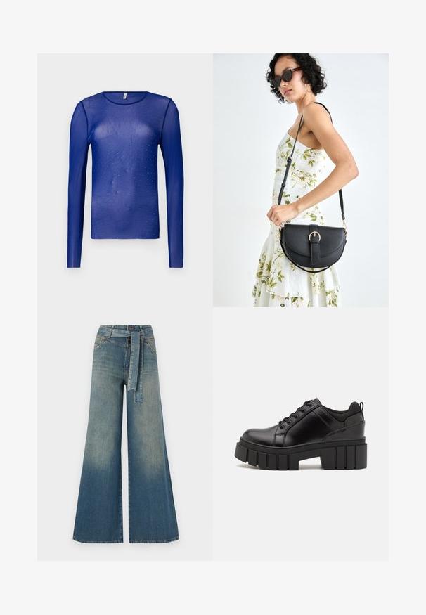 Dolga blue prosojna bluza s kratkimi rokavi, okrašena z majhnimi modrimi dragulji, s krožnim izrezom in gladkim, rahlo teksturiranim materialom.; Široke jeans hlače z gradientom od svetlo do temno modre, visokim pasom, zankami za pas in pasom iz istega materiala. Tekstura denim končnica.; Črne usnjene platforme z debelim blokastim petam, okroglo konico in klasičnim vezanjem. Imajo gladko teksturo in minimalne podrobnosti.; Črna usnjena torbica s ukrivljeno obliko, z odstranljivo naramnico in zlatimi dodatki. Torbica ima pokrov s podrobnostmi v obliki zaponke.