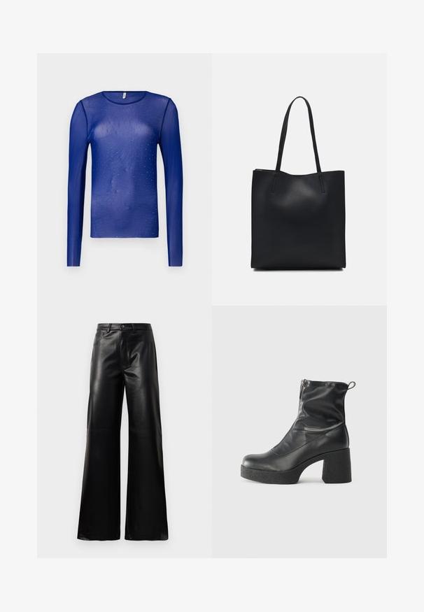 Langärmlige, durchsichtige blaue Bluse, verziert mit kleinen blauen Edelsteinen, mit einem runden Ausschnitt und einem glatten, leicht strukturierten Stoff.; Schwarze leichte, weit geschnittene, hochtaillierte Kunstlederhose mit vorderem Knopf, Reißverschluss, Gürtelschlaufen und Seitentaschen auf weißem Hintergrund.; Schwarze Stiefeletten aus glattem Leder mit seitlichem Reißverschluss, klobigem strukturiertem Absatz und runder Zehenform.; Schwarze Laptoptasche aus Leder mit glatter Textur, rechteckiger Form und zwei langen Griffen. Keine sichtbaren Beschläge oder Verzierungen.