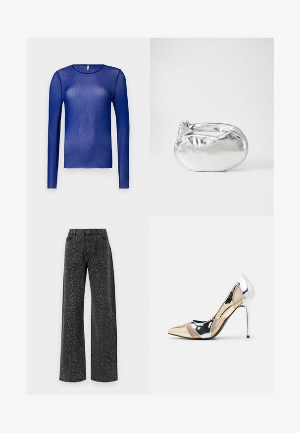 Duga bluza s dugim rukavima od prozirnog materijala ukrašena malim plavim draguljima, s okruglim izrezom i glatkim, blago teksturiranim materijalom.; Noisy May NMJANNEL LOOSE - Traperice opuštenog kroja - black denim; Cipele s visokom potpeticom i špicastim vrhom u srebrnoj, zlatnoj i nude boji. Sjajan finiš s izrezbarenim dizajnom, s potpeticom u obliku stiletto.; Srebrna metalik torbica s mekim, zaobljenim oblikom i čvorastim zatvaranjem na vrhu. Izrađena od glatke sintetičke kože.; Srebrne okrugle naušnice s minimalističkim dizajnom. Kružni oblik, glatka tekstura i tanak profil. Lagane s poliranim završetkom.