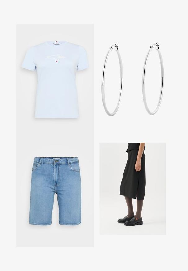T-shirt en coton bleu clair avec un col rond, des manches courtes, et un texte imprimé blanc "New York Tommy Hilfiger" sur le devant. Design simple.; Shorts en denim bleu clair avec une coupe classique, dotés d'une fermeture à bouton à l'avant, de passants de ceinture et de deux poches latérales. Texture lisse et ourlet droit.; Jupe noire mi-longue avec fente sur le côté, assortie à des mocassins noirs et des collants bruns transparents, dotée d'un tissu lisse et d'un design simple.; Boucles d'oreilles en argent en forme de hoop, avec une surface lisse et polie et une forme circulaire mince. Le design comprend un fermoir sécurisé.