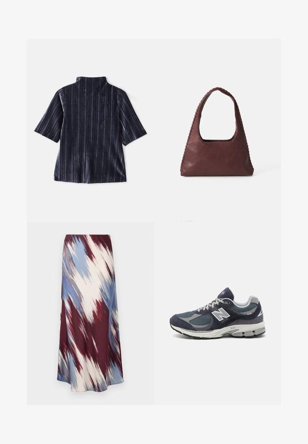 Tmavomodrý sametový top s krátkym rukávom, vertikálnymi pruhmi, stojatým golierom a jemnou textúrou. Disponuje voľným strihom a hladkým povrchom.; Dlhá sukňa s diagonálnym vzorom tie-dye v burgundskej, modrej a krémovej farbe, vyrobená z jemnej látky s splývavým strihom a jemným leskom.; Tenisky New Balance s námorníckou sieťou a zvrškom z semišu, so šedými akcentmi, bielym logom, polstrovanou podrážkou a textúrovanými detailami.; Burgundská kožená kabelka trojuholníkového tvaru, s otvoreným vrchom a vrúbkovaným detailom na rukoväti. Hladký povrch s matným finišom.