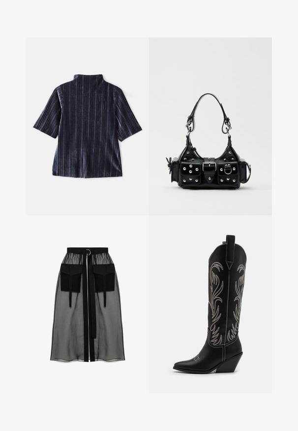 Zwarte fluwelen top met korte mouwen, verticale strepen, staande kraag en zachte textuur. Heeft een relaxte pasvorm en een gladde afwerking.; Zwarte doorschijnende rok met een verzameld tailleband, voorzien van twee grote voorzakken, een tailleband met strik en een ronde metalen accent.; Zwarte leren cowboylaarzen met spitse neuzen, wiggenhakken en zilver geborduurde bloemmotieven langs de schacht. Contrasterende stiksels overal.; Zwarte lederen handtas met een gebogen ontwerp, voorzien van zilveren studs, een gesp en twee zijvakken. Verstelbare schouderband voor verschillende draagmogelijkheden.