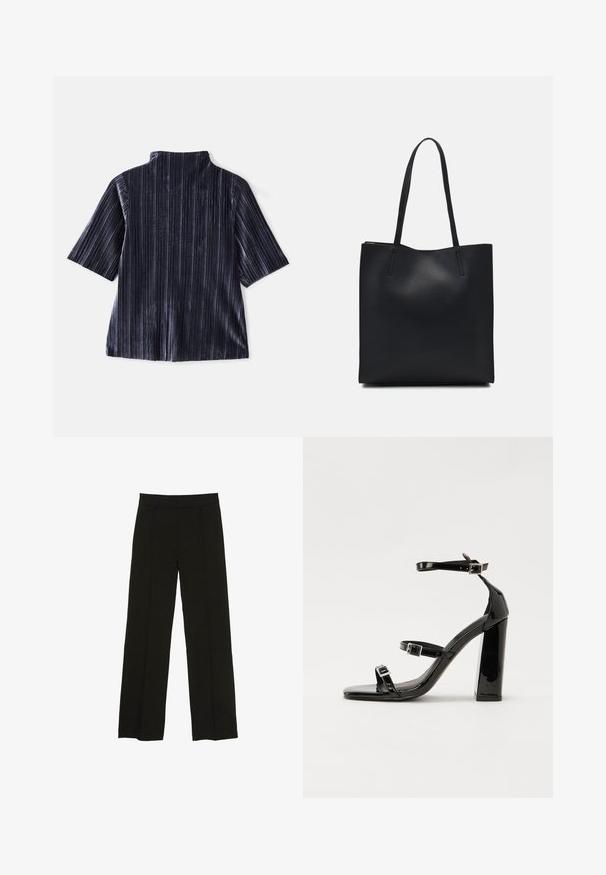 Temna žametna kratka majica z navpičnimi črtami, stojnim ovratnikom in mehkobno teksturo. Ima sproščen kroj in gladek videz.; Črne široke hlače iz gladkega materiala, z oprsnikom in diskretnimi sprednjimi plisami za dodano teksturo.; Črne lakirane sandale s peto, kvadratnim prstom, trakovi okrog gležnja in srebrnimi zaponkami. Opremljene so s stabilno Debelo peto.; Črna usnjena torba s svilnato teksturo, pravokotne oblike in dvema dolgima ročajema. Brez vidnih metalnih delov ali okrasnih elementov.