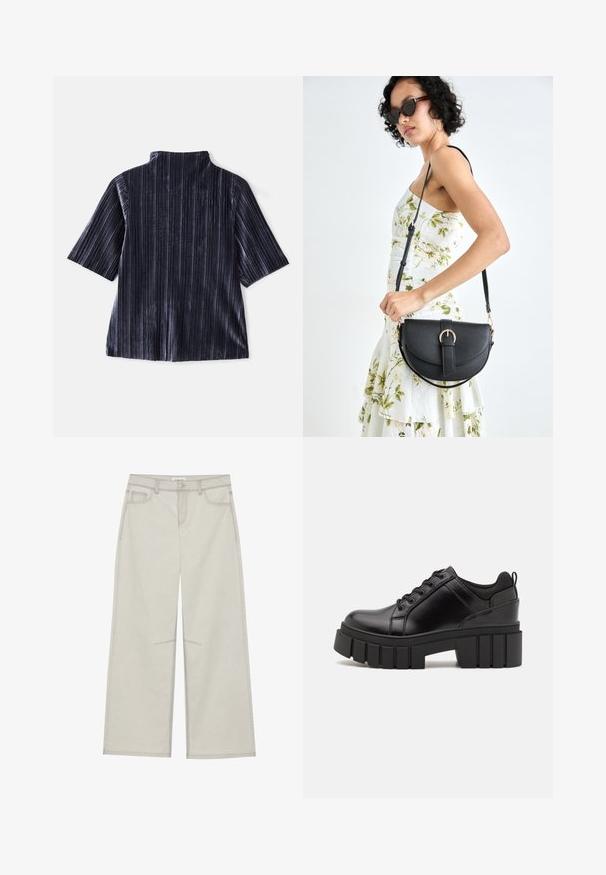 Tumman samettinen lyhythihainen paita, jossa on pystysuorat raidat, pystykaulus ja pehmeä rakenne. Ominaisuuksiin kuuluu rento istuvuus ja sileä pinta.; Vaaleanharmaat leveät housut, joissa on viisi taskua, edessä napp closure ja kontrastiväriset tikkaukset saumoissa. Kangas näyttää pehmeältä ja kestävältä.; Mustat nahkakengät, joissa on lättihenkinen korko, pyöreä kärki ja perinteinen nauhakiinnitys. Ominaisuuksiin kuuluu sileä pintakuvio ja minimaalinen yksityiskohtaisuus.; Musta nahkainen käsilaukku, joka on kaareva muotoilultaan, irrotettavalla hihnalla ja kultaisilla yksityiskohdilla. Laukussa on läppä, jossa on solk yksityiskohta.