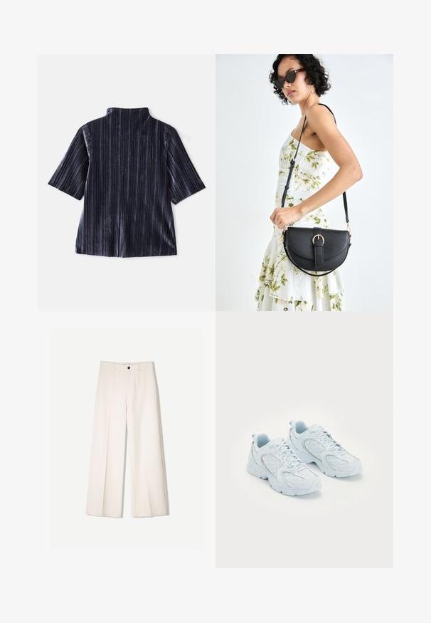 Top scurt din catifea întunecată, cu mâneci scurte, dungi verticale, guler în picioare și textură moale. Prezintă o croială lejeră și un finisaj neted.; Pantaloni largi de culoare crem, cu un design croit, având două buzunare la față și o închidere cu un singur nasture în față, realizați dintr-un material neted.; Pantofi sport de culoare albastru deschis, cu un superior din plasă și sintetice, având buline albe și accente reflective, design cu șireturi și tălpi căptușite.; Geantă din piele neagră, cu o formă curbată, curea detașabilă și accesorii aurii. Geanta are un capac cu un detaliu tip cataramă.