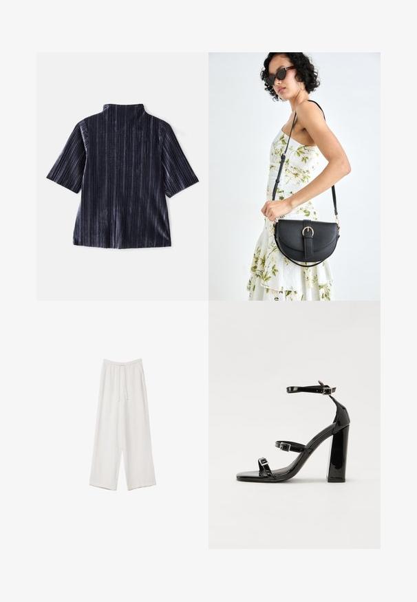 Ciemny welurowy top z krótkim rękawem w pionowe paski, z stojącym kołnierzykiem i miękką fakturą. Posiada luźny krój i gładkie wykończenie.; Białe spodnie o szerokich nogawkach wykonane z lekkiego materiału. Posiadają elastyczny pas z sznurkiem i boczne kieszenie. Gładka tekstura.; Czarne lakierowane sandały na wysokim obcasie, z dwoma paskami zapinanymi na klamry, kwadratowy nosek i masywny obcas typu słupek, o gładkiej, błyszczącej fakturze.; Czarna skórzana torebka o zakrzywionym kształcie, z odpinanym paskiem i złotymi akcentami. Torebka posiada klapę z zapięciem w kształcie klamry.