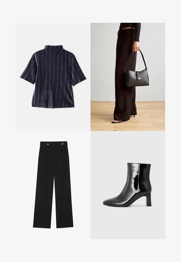 Tmavě sametový top s krátkým rukávem, vertikálními pruhy, stojáčkovým límcem a jemnou texturou. Má volný střih a hladký povrch.; Černé široké kalhoty s vysokým pasem, detailní knoflíky na pase a přední záhyby.; Černé lakované kotníkové boty s špičatou špičkou a středně vysokým blokovým podpatkem. Hladká textura a minimalistický design.; Černá kabelka se strukturovaným tvarem, hladkým povrchem a kovovým uzávěrem. Kombinována s širokými černými kalhotami a sandály s otevřenou špičkou na dřevěné podlaze.